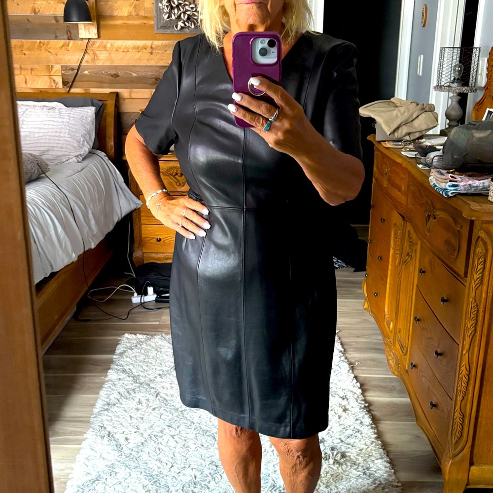 Antonio Melani Classic Black Leather Dress Size 14. NWT